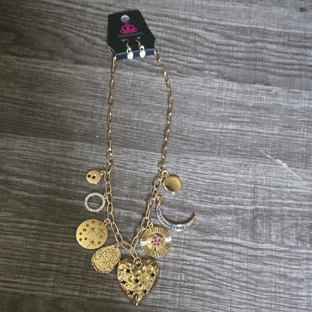 Paparazzi Gold Charm Necklace with Heart and Moon